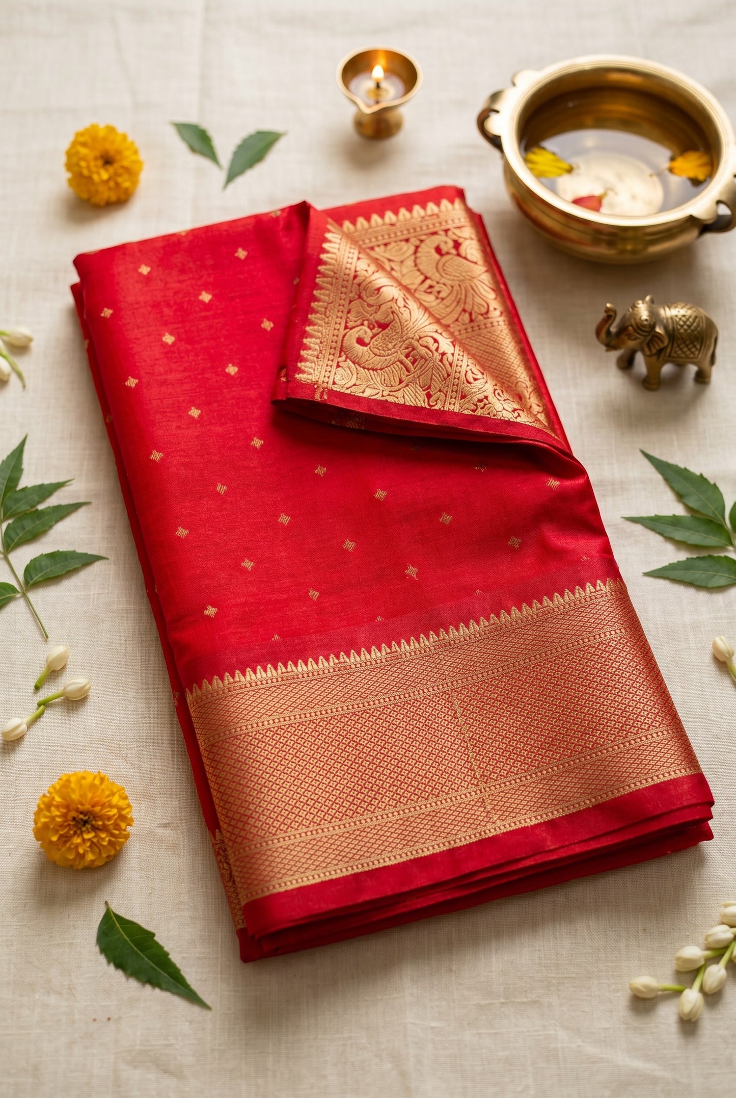 Deep Red Semi Banarasi Silk Saree