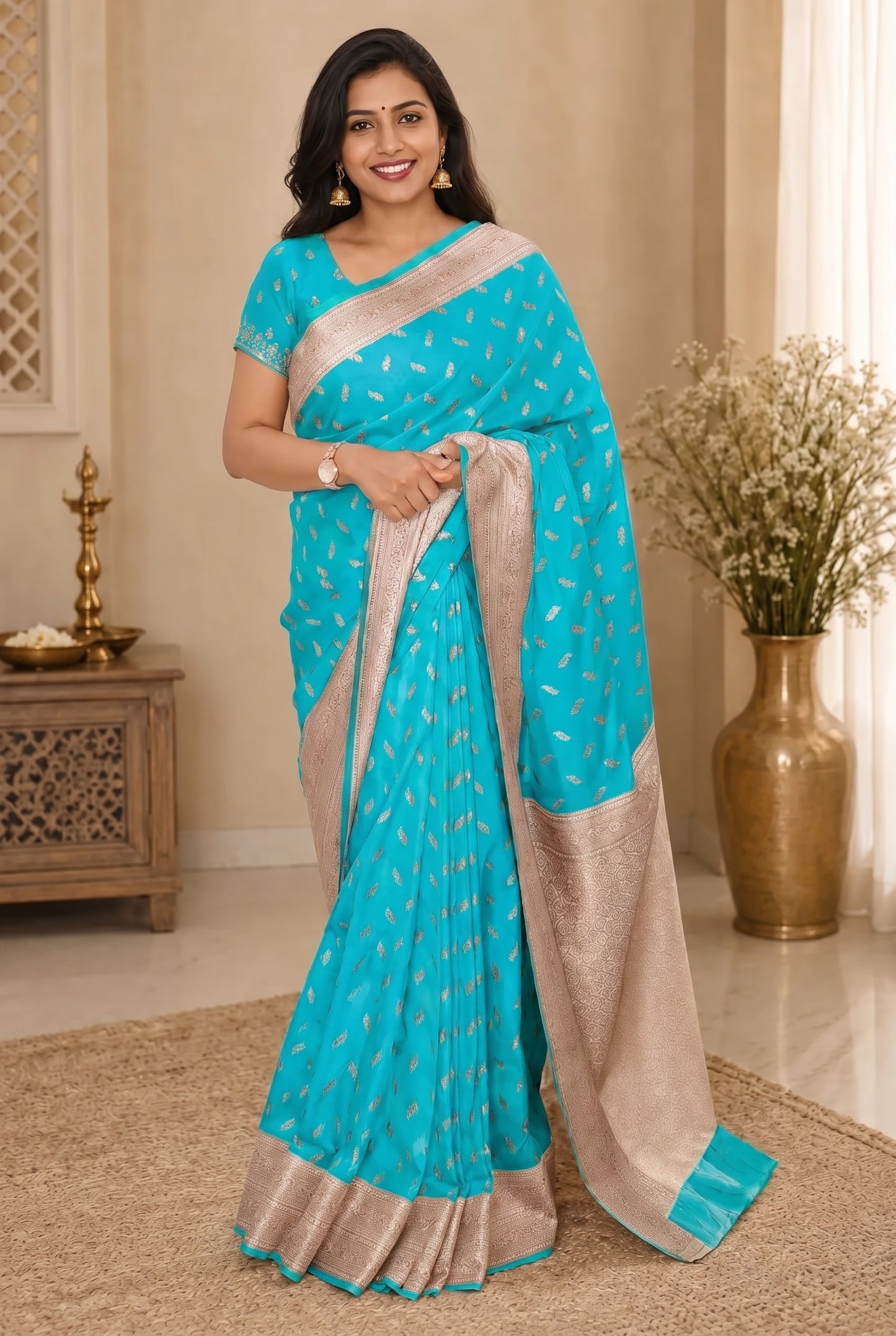 Premium Ivory Colour Semi Silk Saree With Copper Zari Work