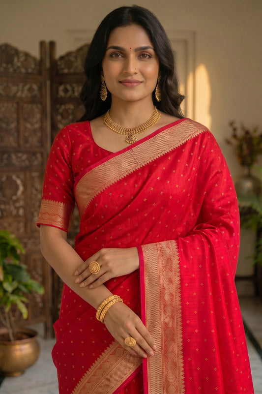 Deep Red Semi Banarasi Silk Saree