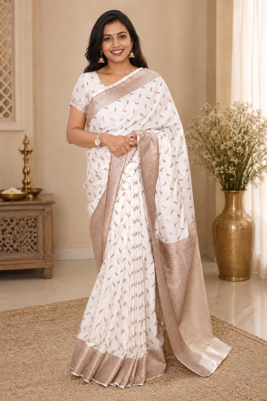 Premium Ivory Colour Semi Silk Saree With Copper Zari Work