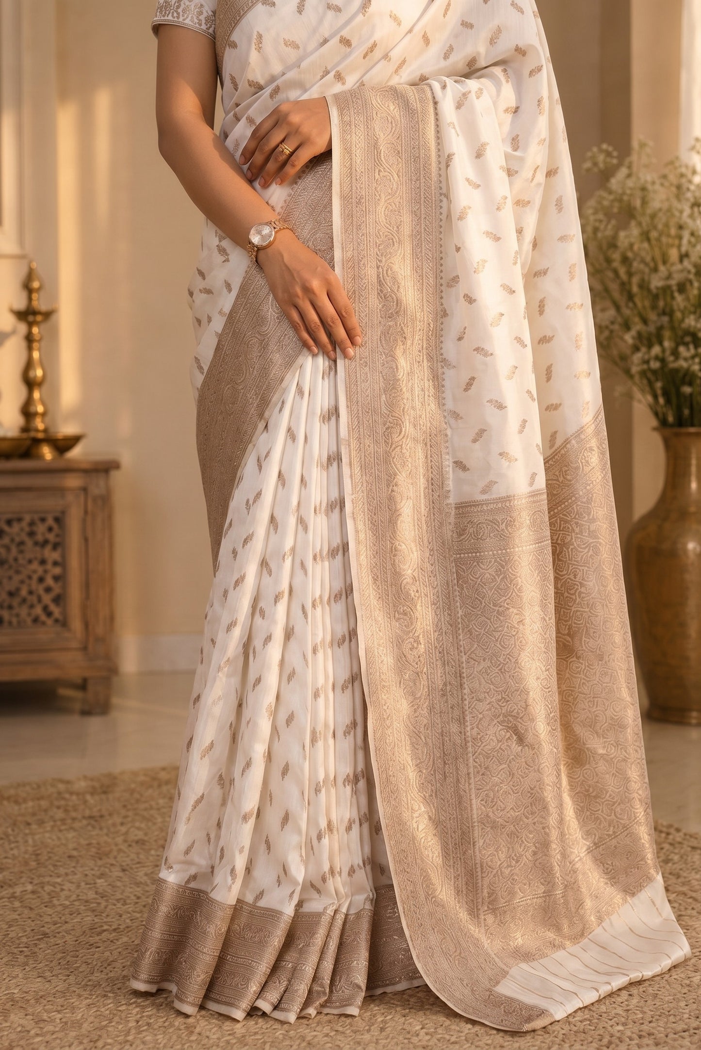 Premium Ivory Colour Semi Silk Saree With Copper Zari Work