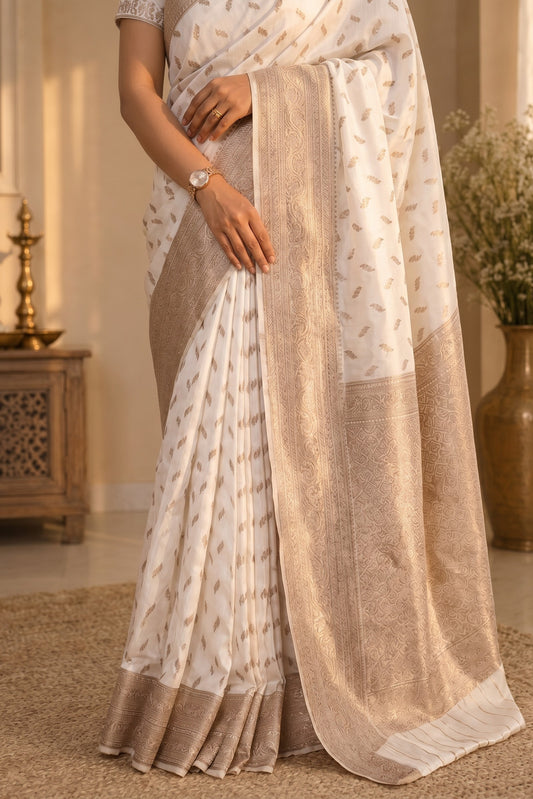 Premium Ivory Colour Semi Silk Saree With Copper Zari Work