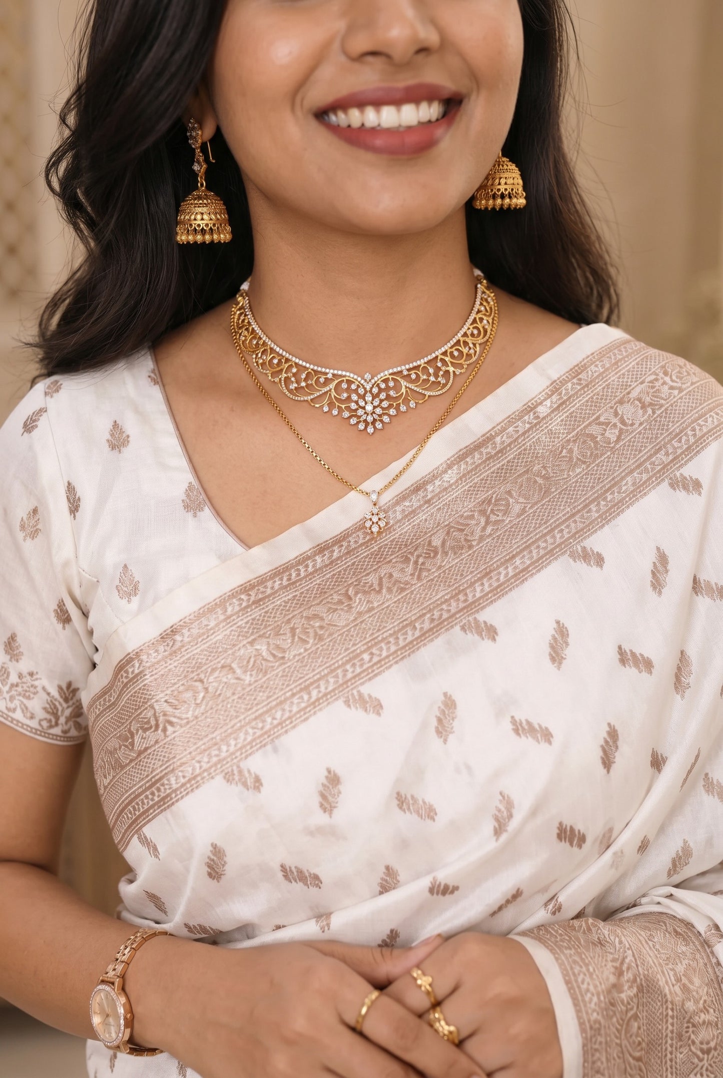 Premium Ivory Colour Semi Silk Saree With Copper Zari Work