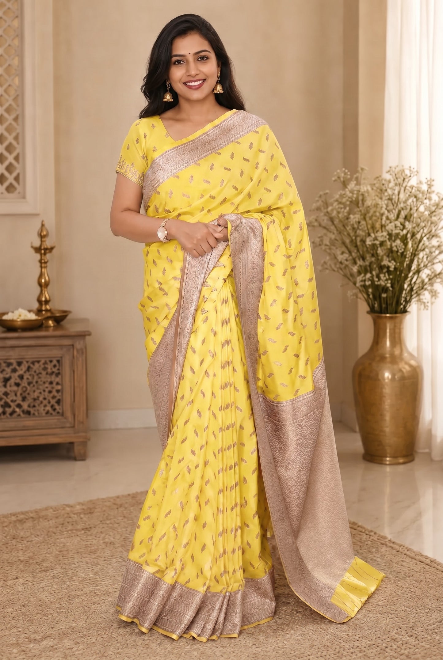 Premium Ivory Colour Semi Silk Saree With Copper Zari Work