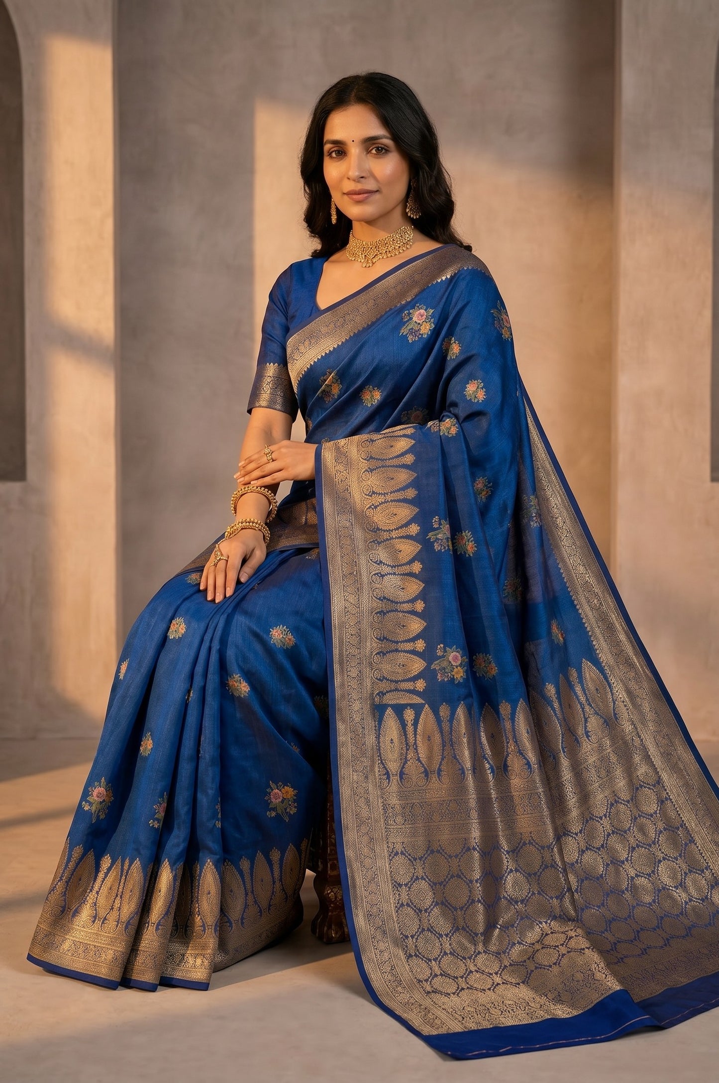 Deep Blue banarasi semi silk saree