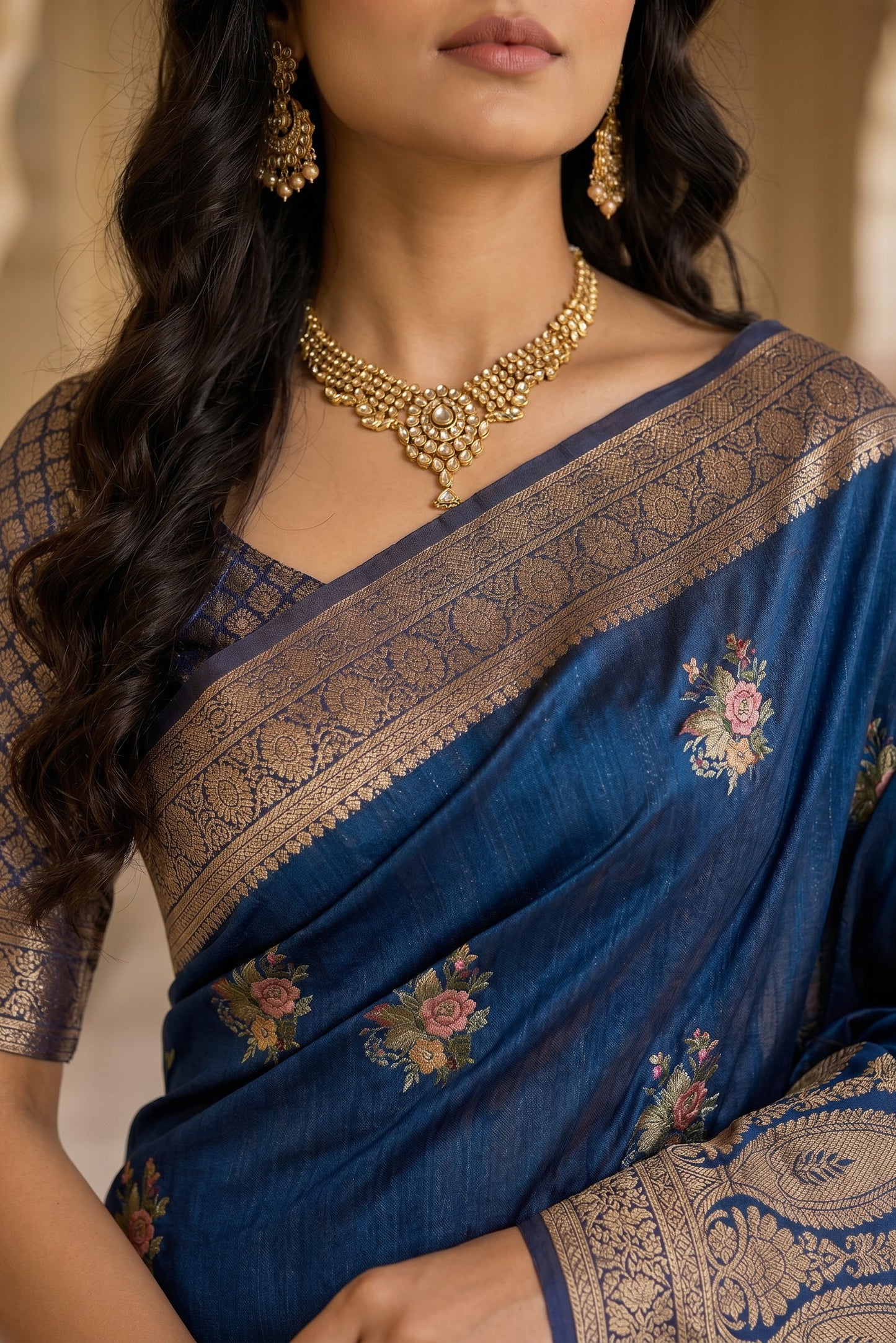 Deep Blue banarasi semi silk saree