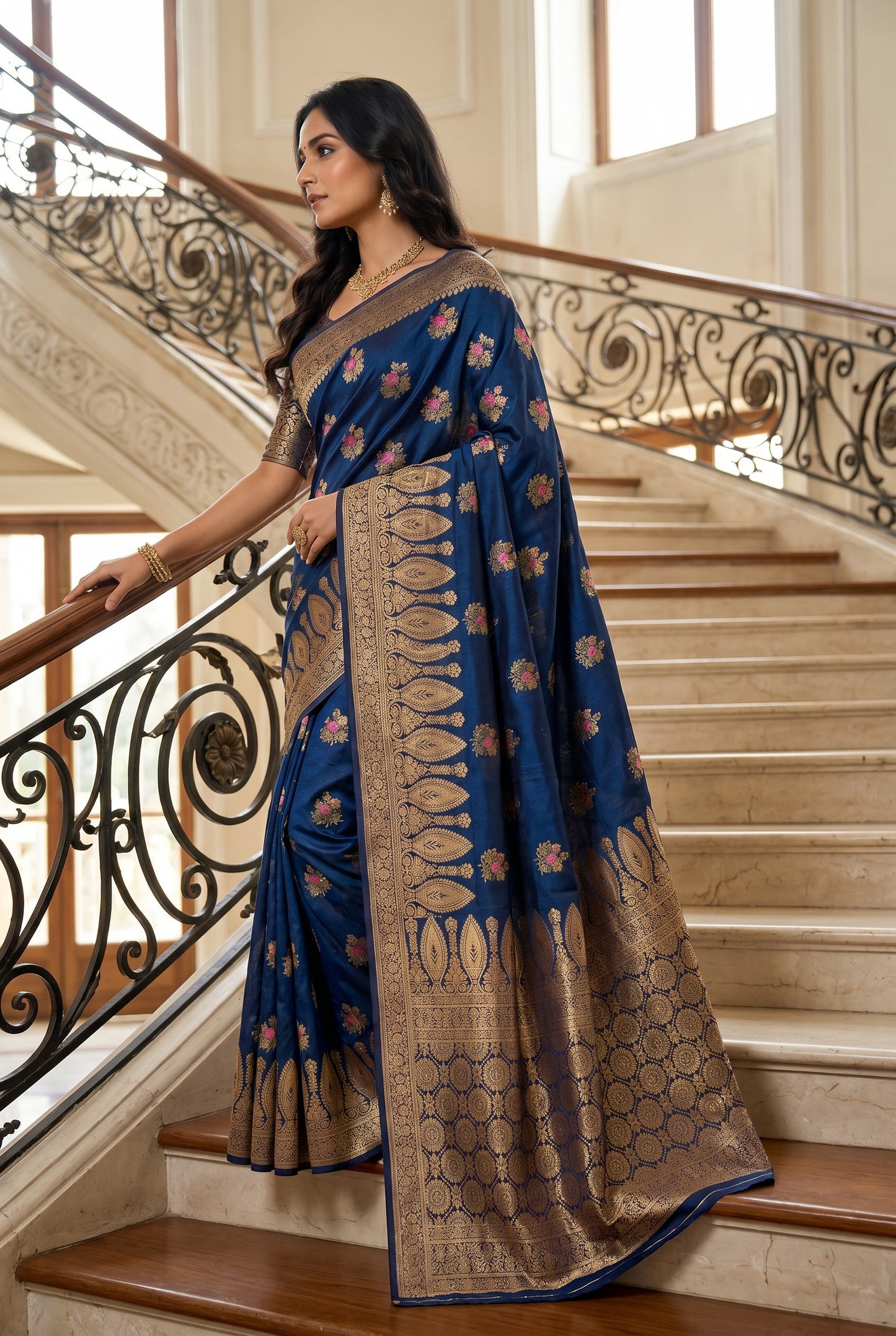 Deep Blue banarasi semi silk saree
