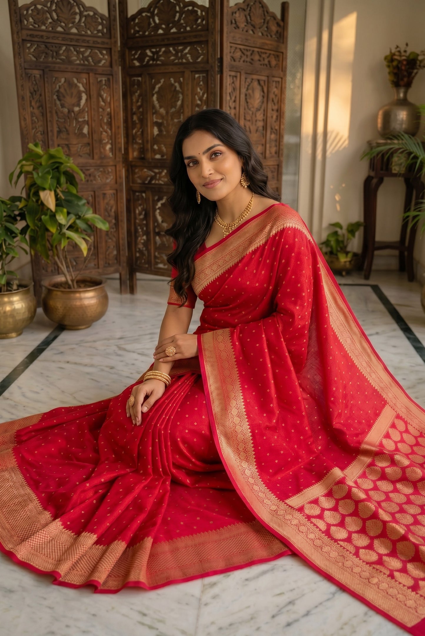 Deep Red Semi Banarasi Silk Saree