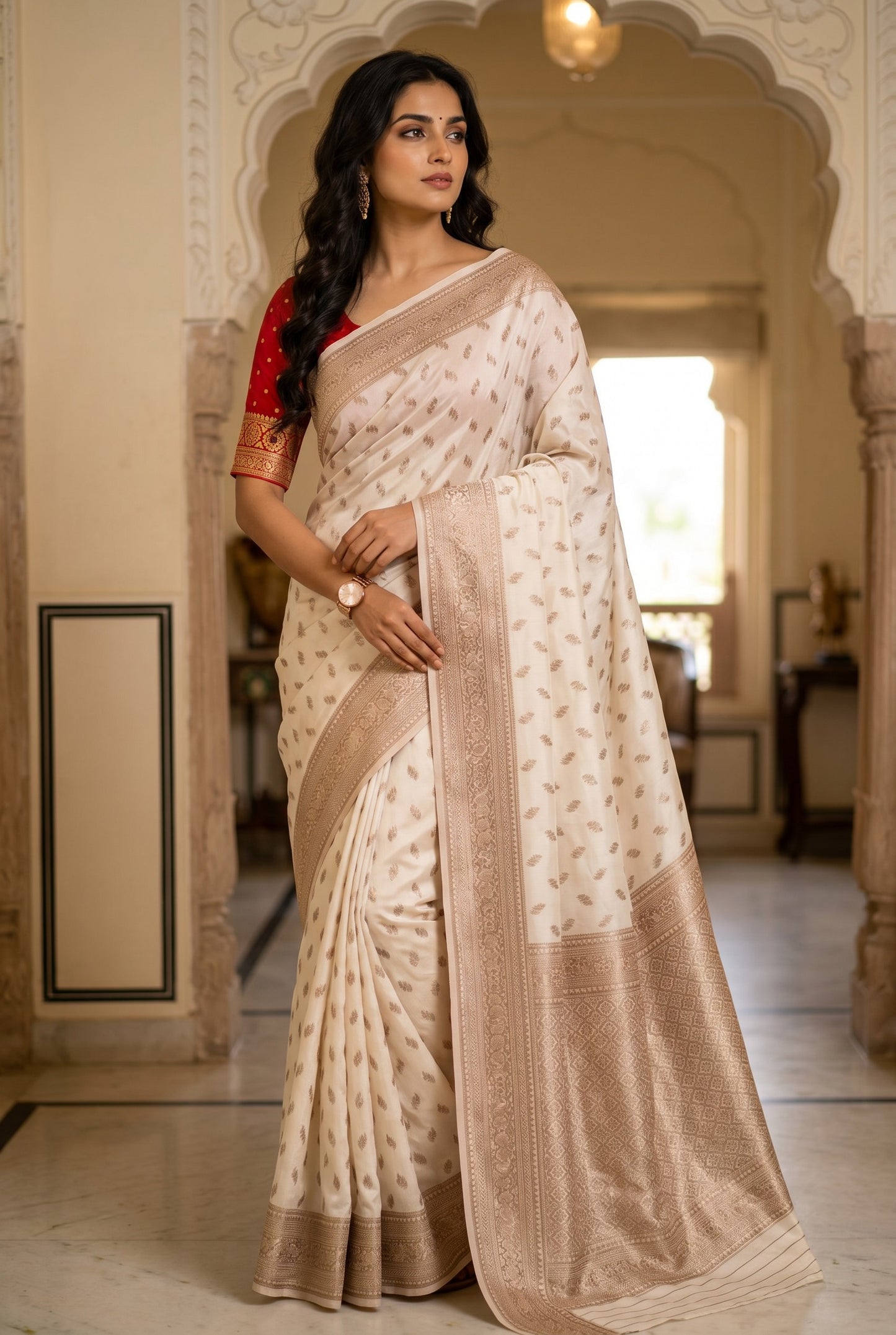 Premium Ivory Colour Semi Silk Saree With Copper Zari Work