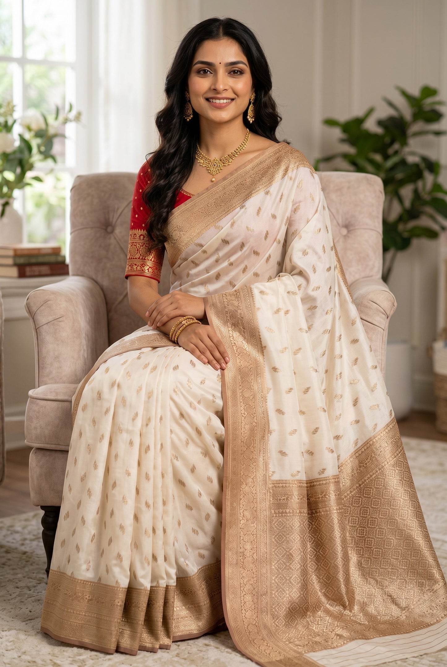 Premium Ivory Colour Semi Silk Saree With Copper Zari Work