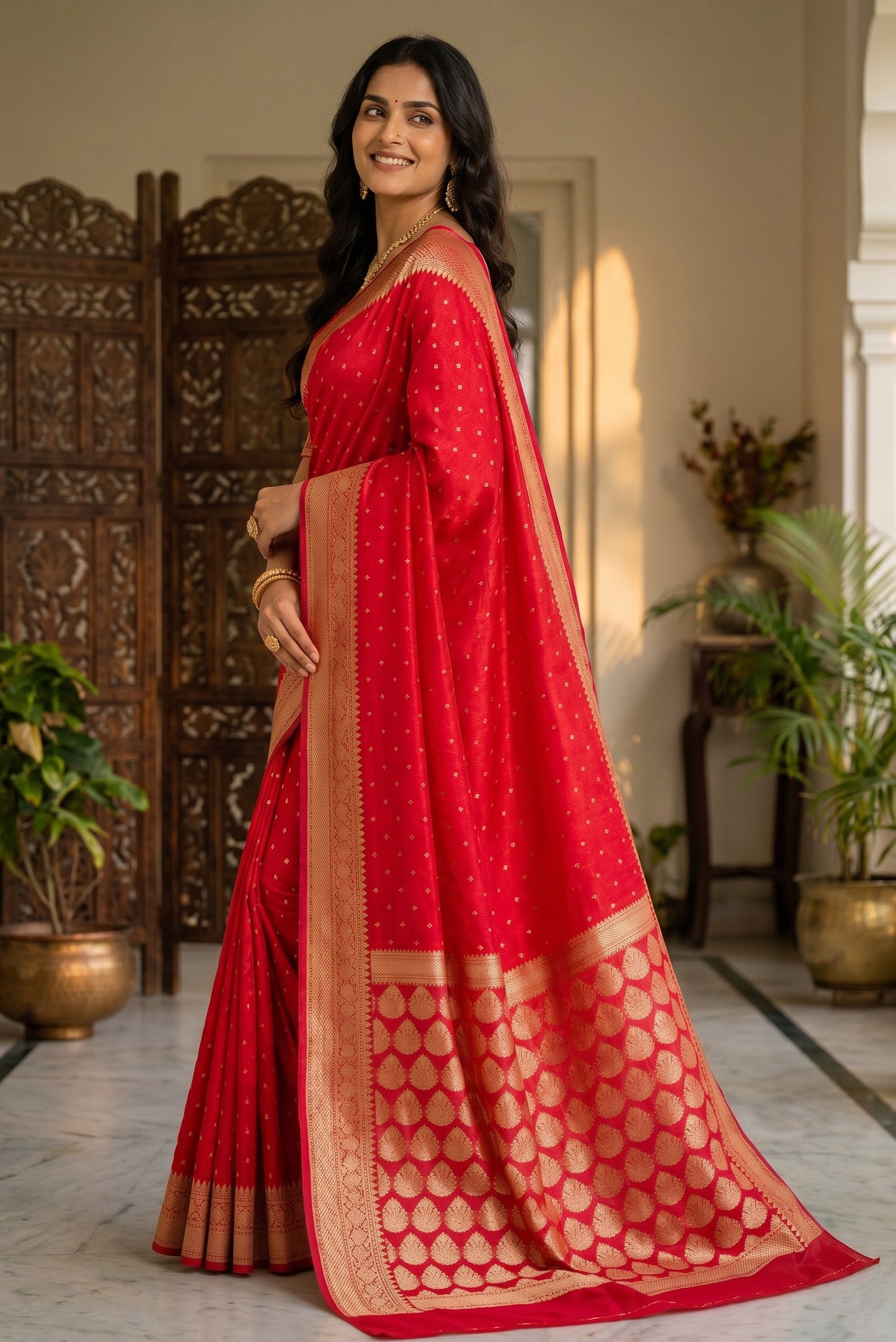 Deep Red Semi Banarasi Silk Saree