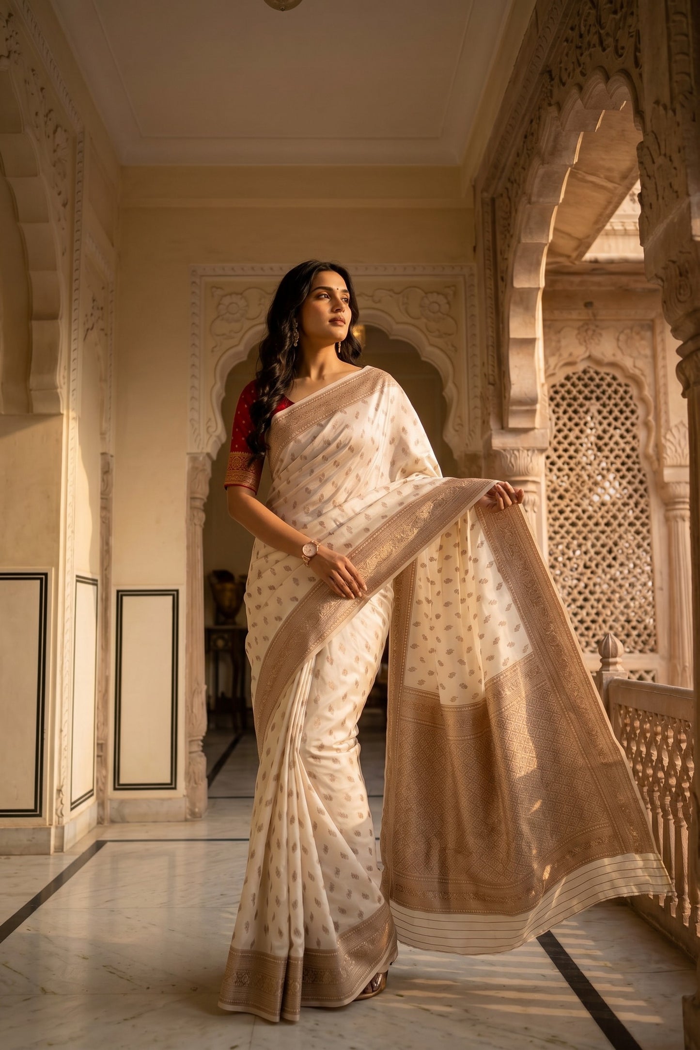 Premium Ivory Colour Semi Silk Saree With Copper Zari Work