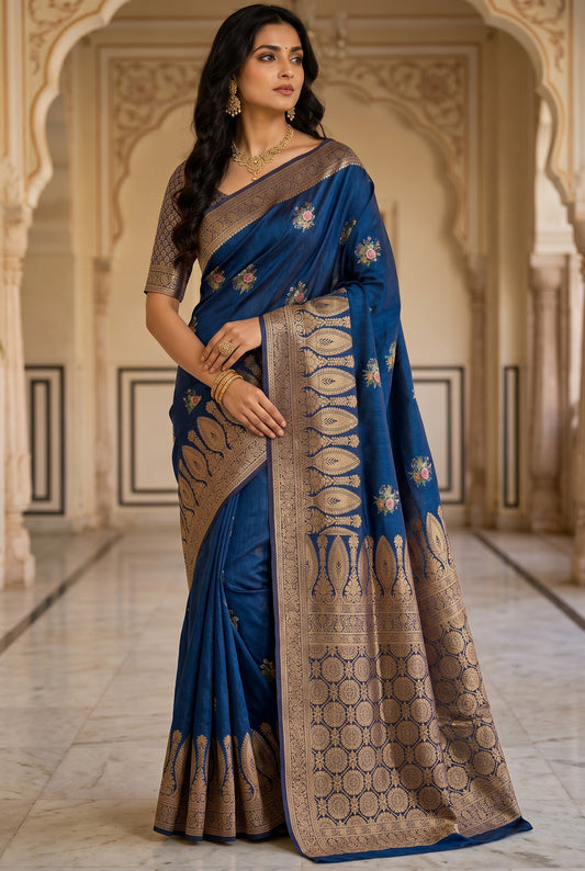 Deep Blue banarasi semi silk saree