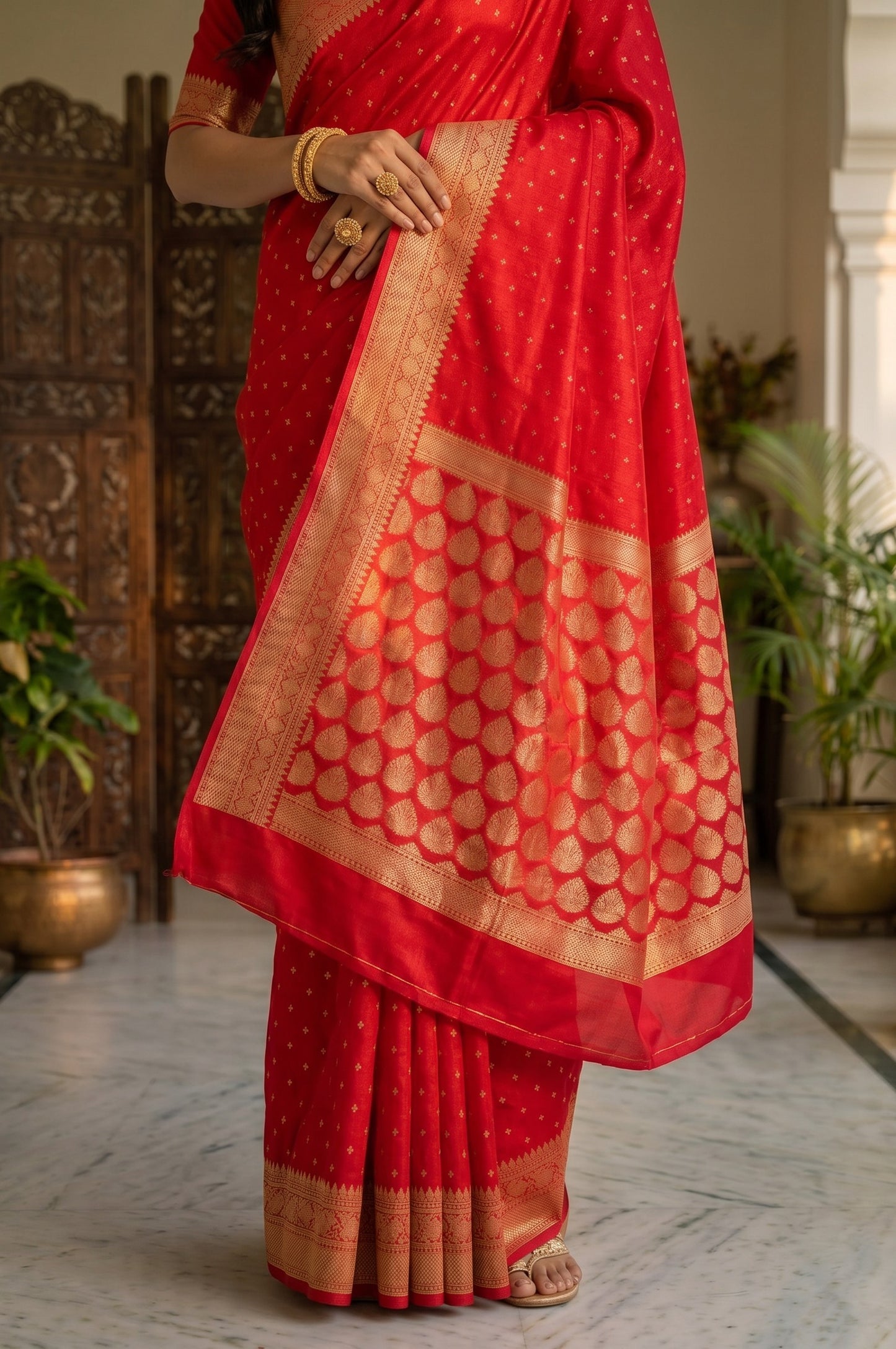 Deep Red Semi Banarasi Silk Saree
