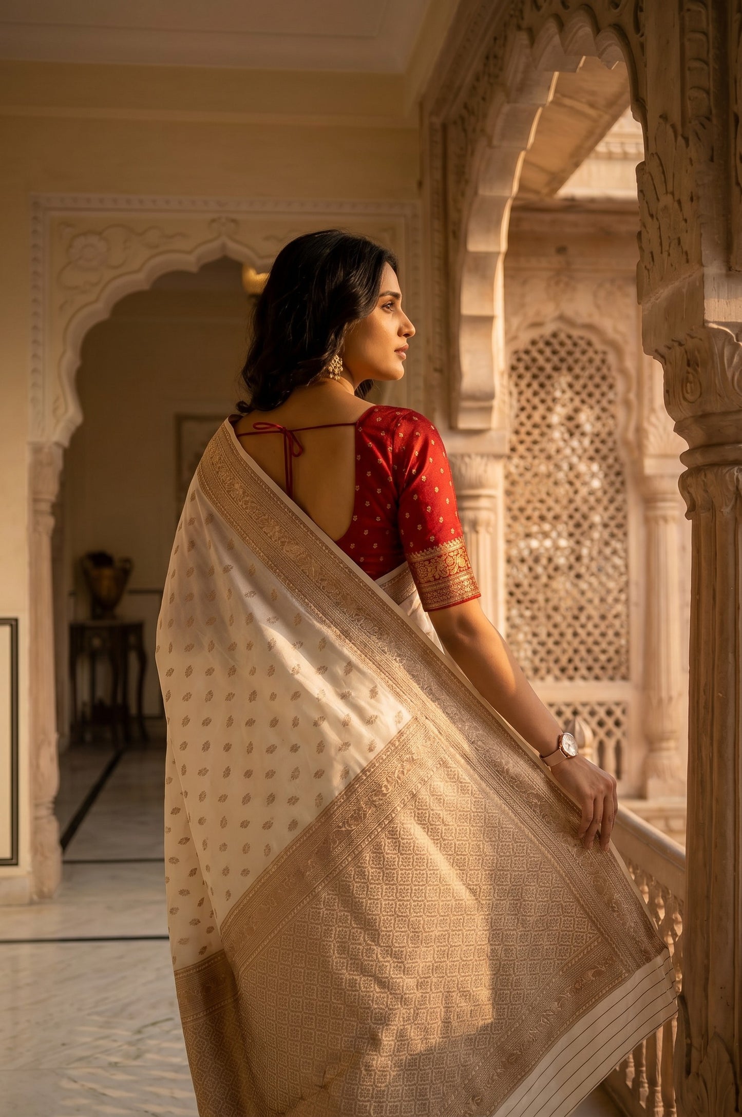 Premium Ivory Colour Semi Silk Saree With Copper Zari Work
