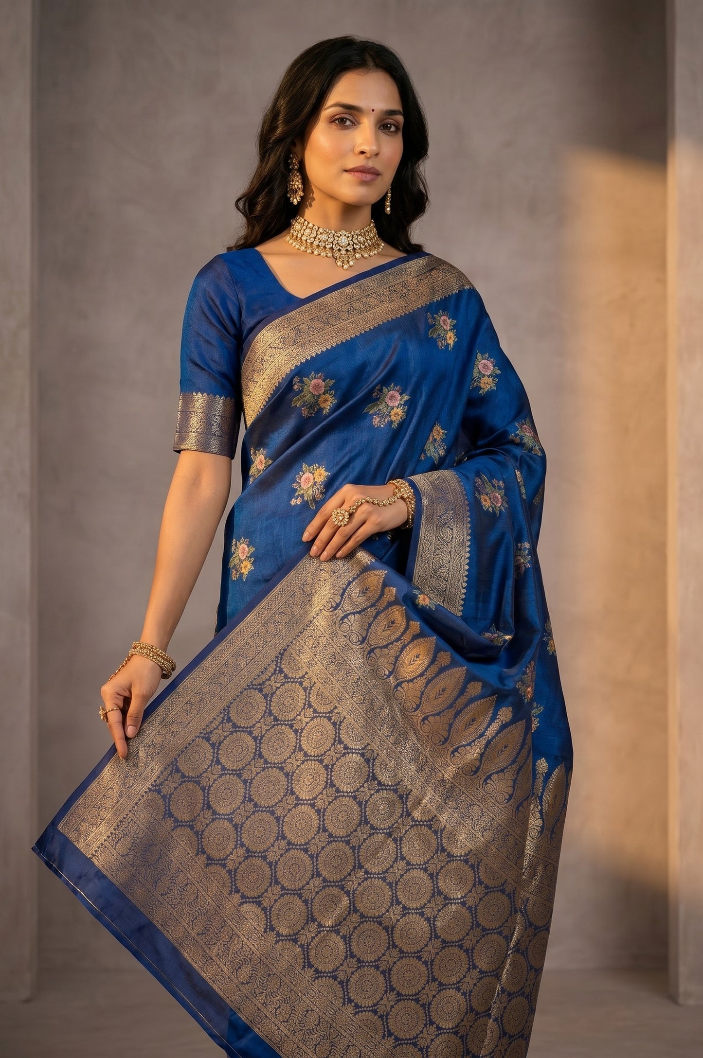 Deep Blue banarasi semi silk saree