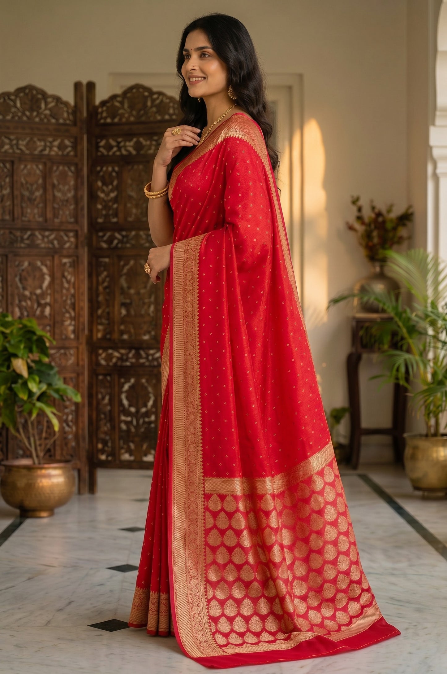 Deep Red Semi Banarasi Silk Saree