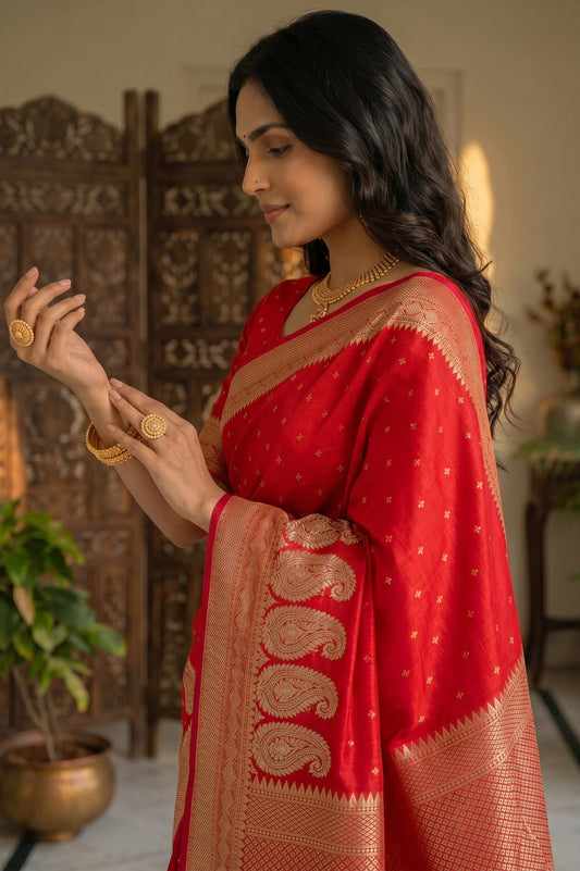 Deep Red Semi Banarasi Silk Saree