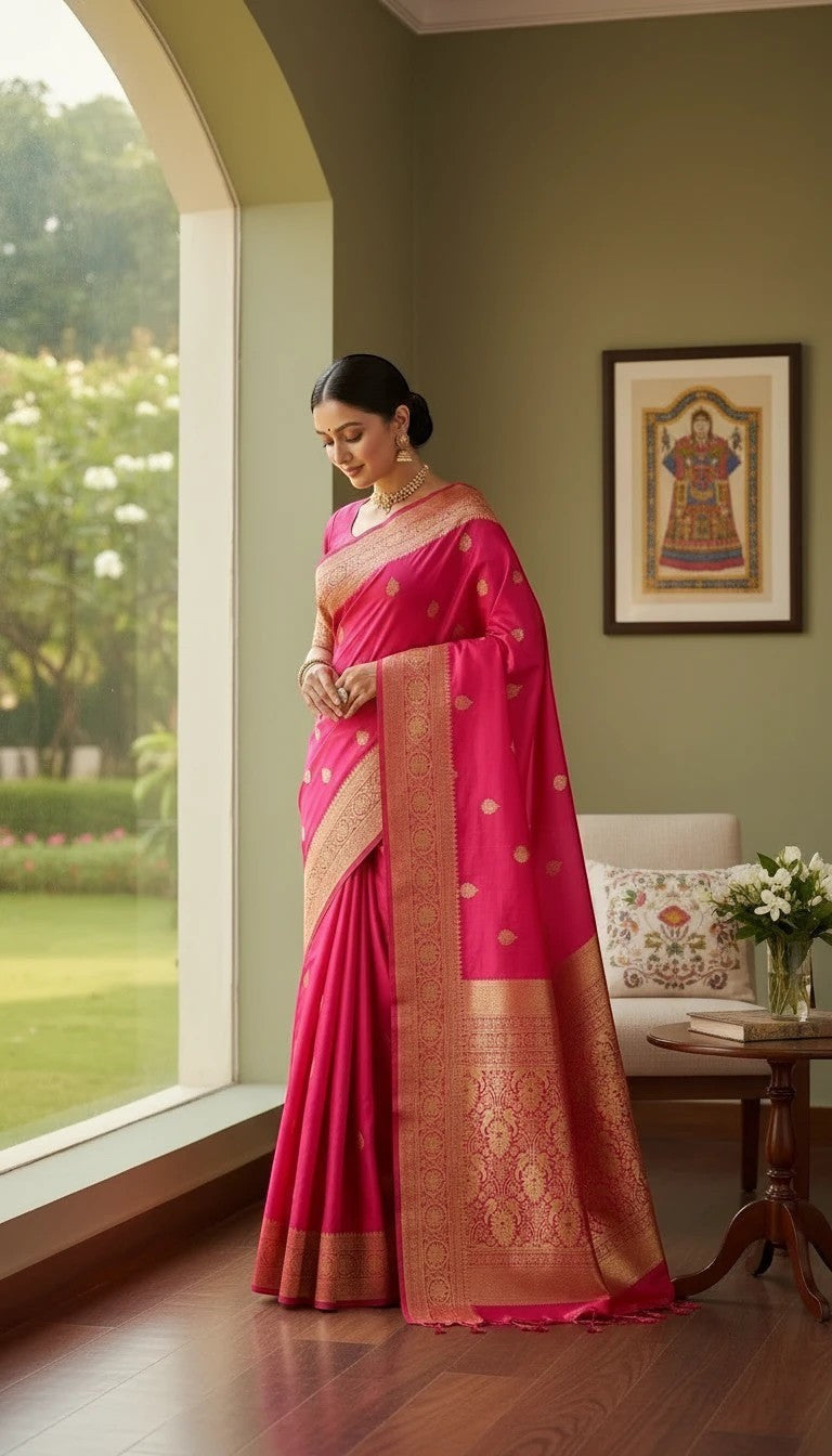 Sudarshana saree and fashion deep pink Banarasi silk saree with intricate zari woven motifs and gold border.
