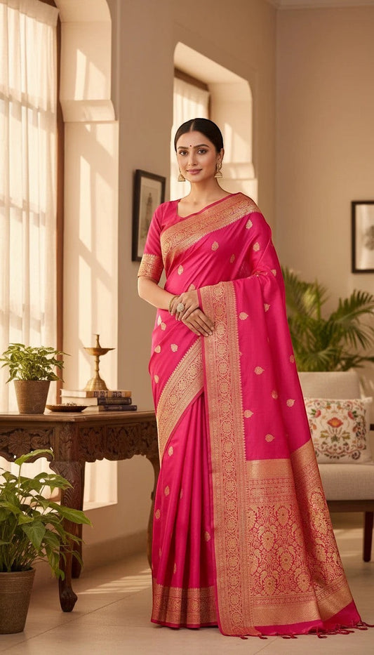 Sudarshana saree and fashion deep pink Banarasi silk saree with gold zari woven motifs and border.