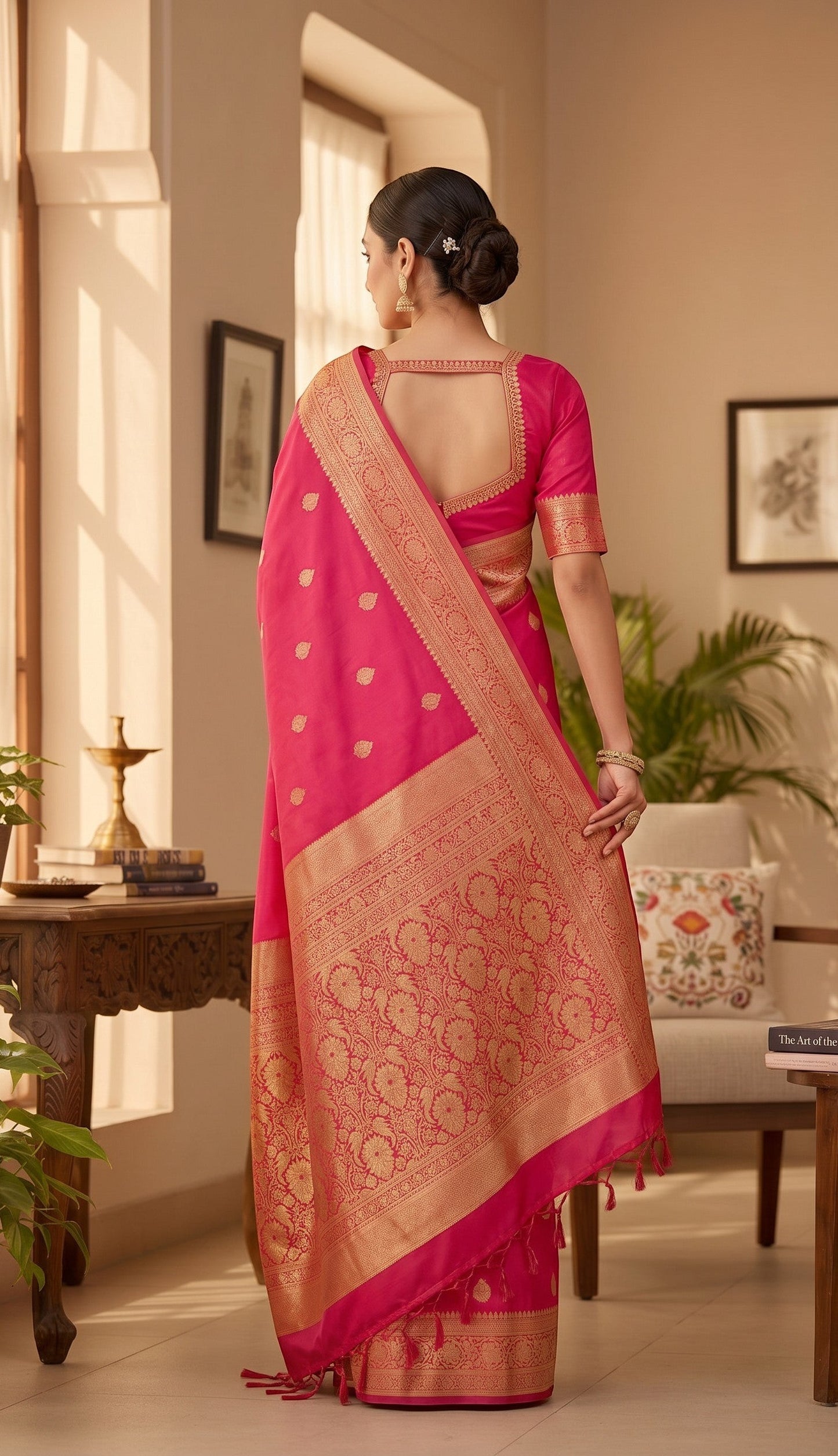 Deep pink Banarasi silk woven saree with gold zari motifs and border, worn by a model.
