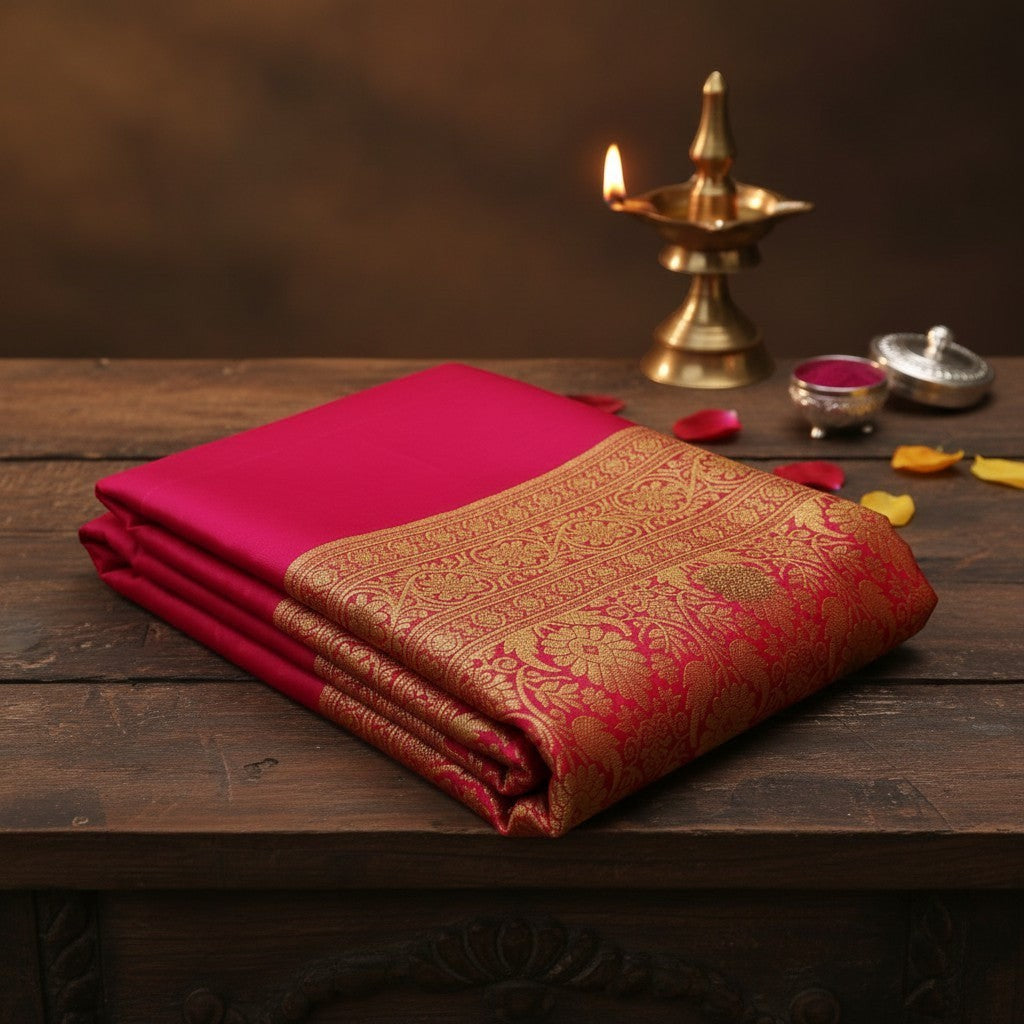 Sudarshana saree and fashion deep pink Banarasi silk saree with intricate gold zari woven border and motifs.