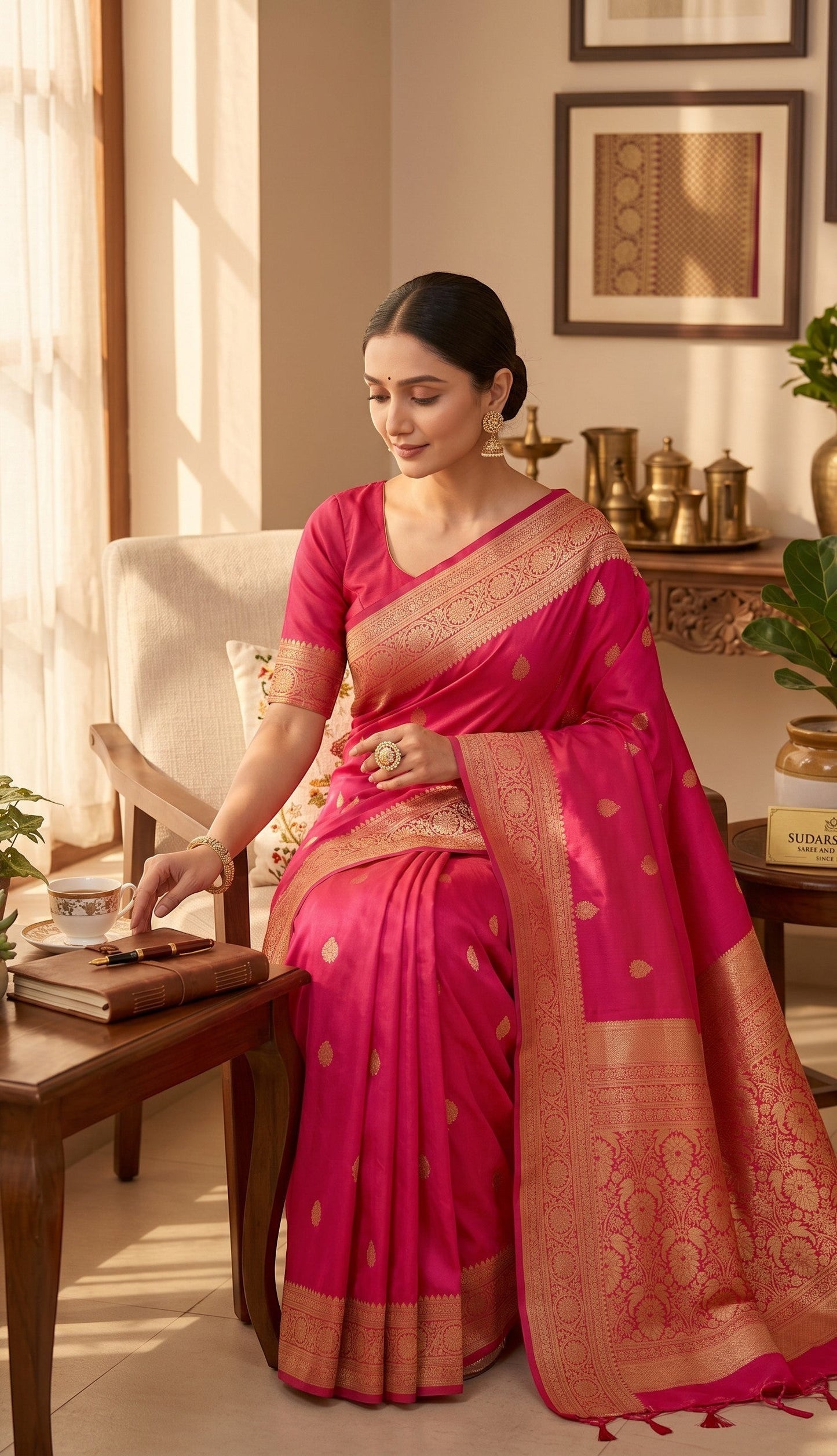 Sudarshana saree and fashion deep pink Banarasi silk saree with gold zari woven motifs and border, worn by a model.