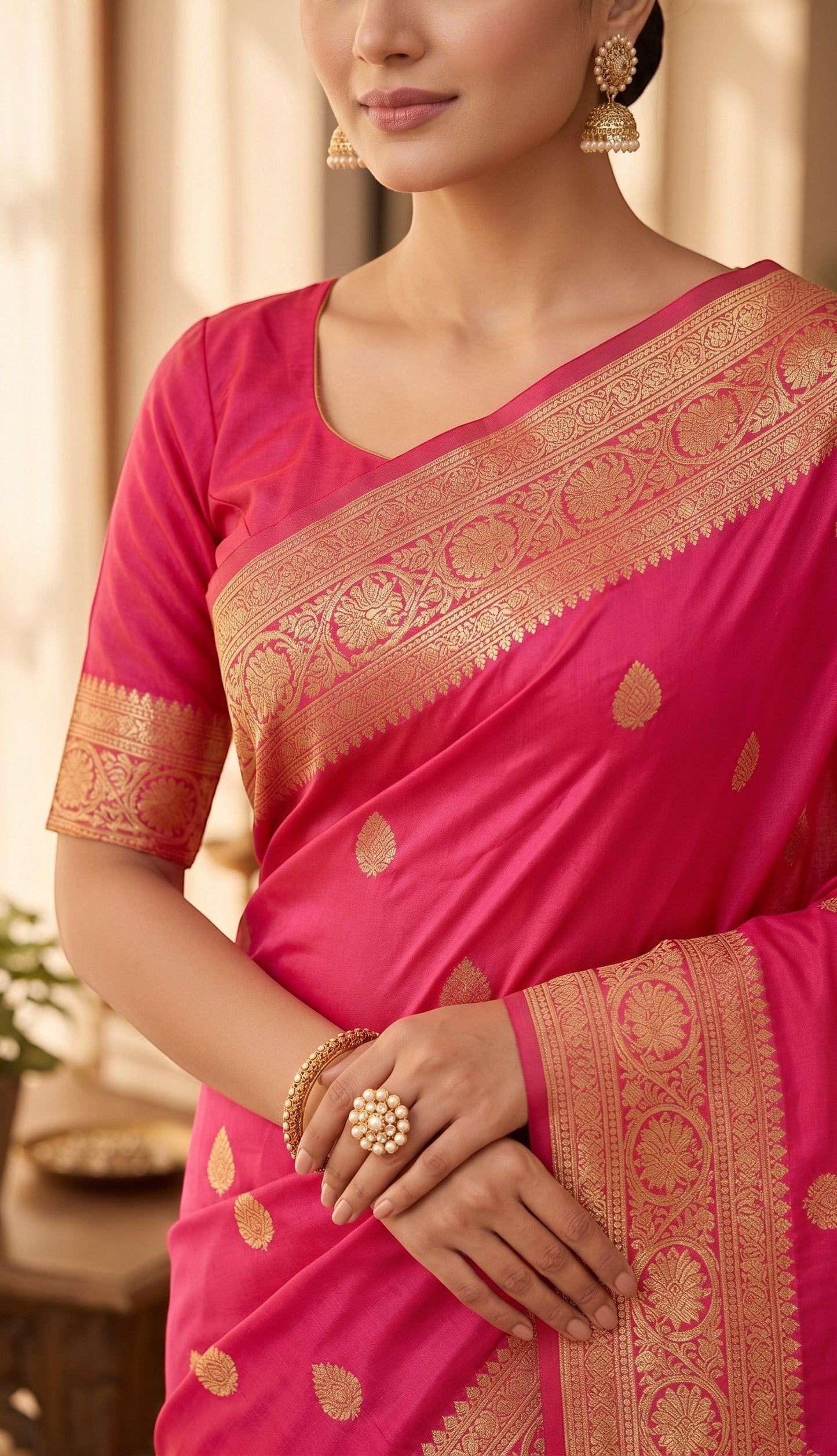 Sudarshana saree and fashion deep pink Banarasi silk saree with gold zari woven border and motifs. Elegant ethnic wear.