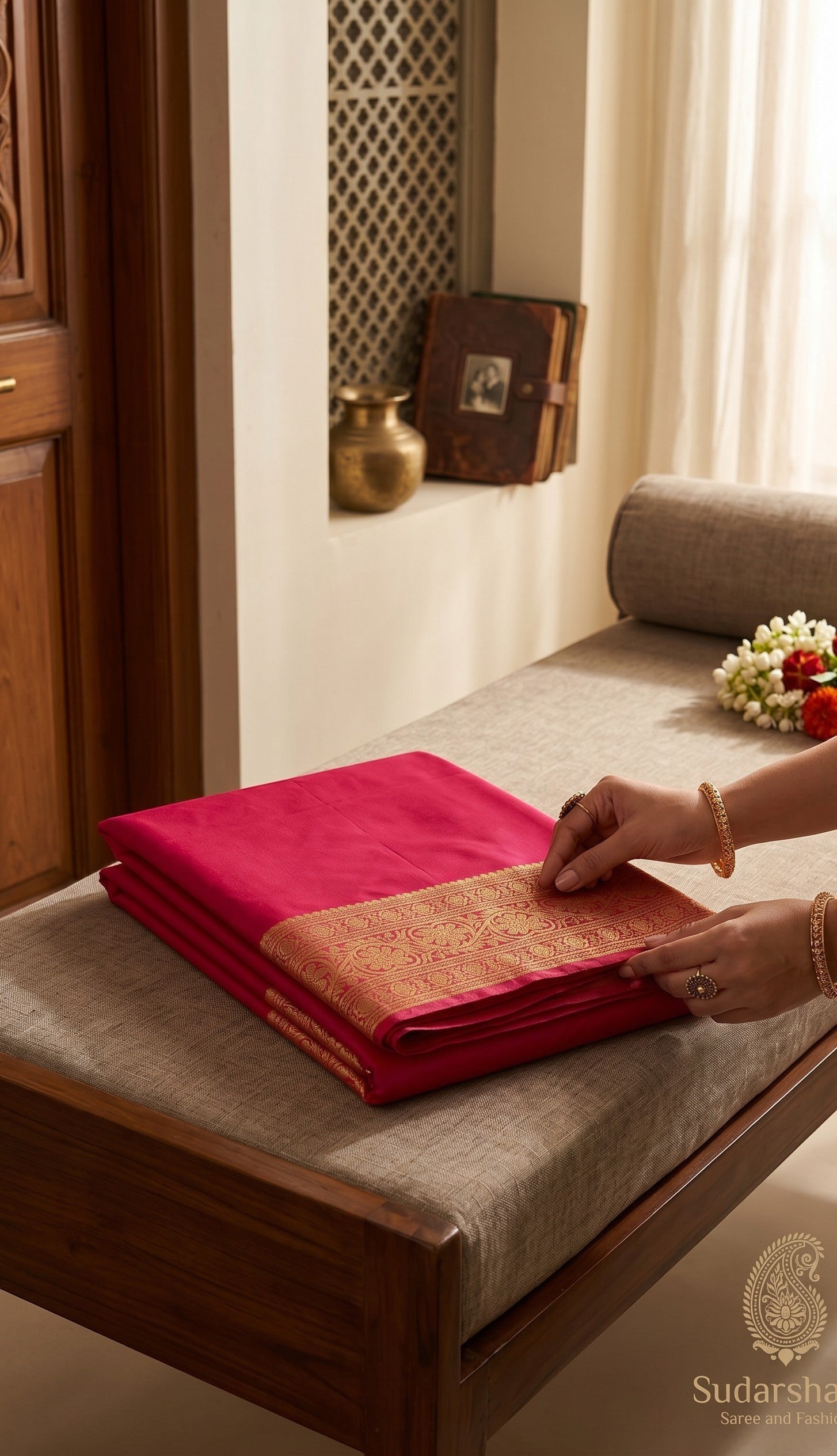 Deep pink Banarasi silk woven saree with intricate gold zari border and motifs. Sudarshana saree and fashion.