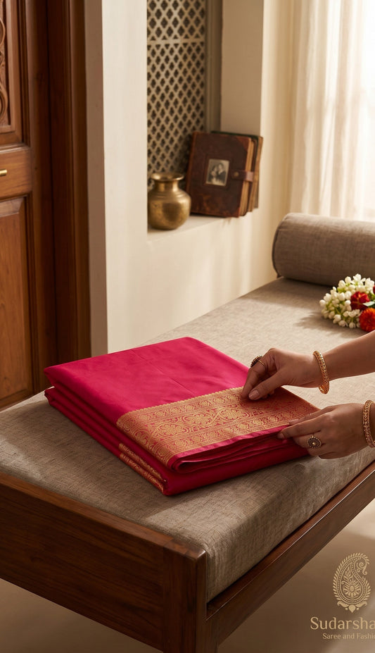 Deep pink Banarasi silk woven saree with intricate gold zari border and motifs. Sudarshana saree and fashion.